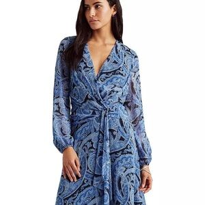 LAUREN Ralph Lauren Black Label Paisley Georgette Long Sleeve Dress Sz 10P